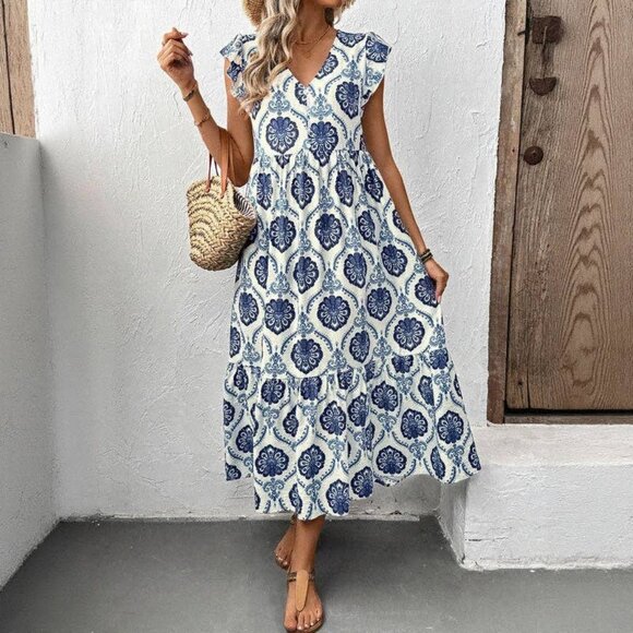 Lovesoft Dresses & Skirts - Lovesoft Loose-Fit Deep V-Neck Floral Print Maxi Dress White and Blue